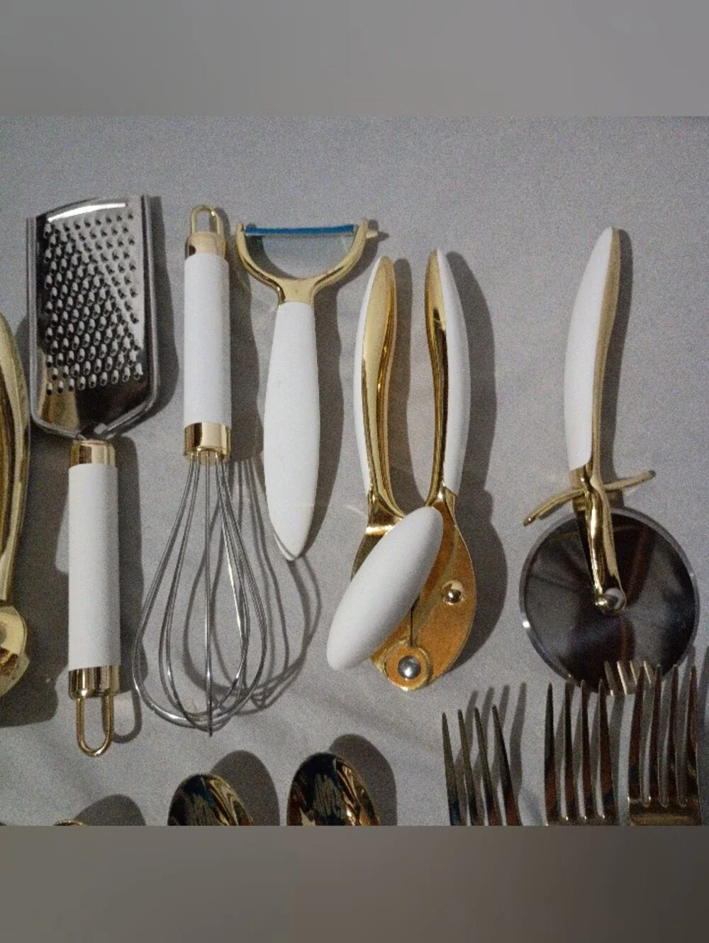 Gold Stainless Steel Flatware Set with White-Handled Kitchen Tools 27 Pieces